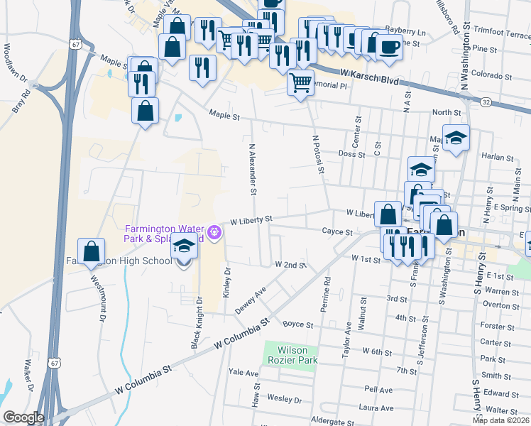map of restaurants, bars, coffee shops, grocery stores, and more near 715 West Liberty Street in Farmington