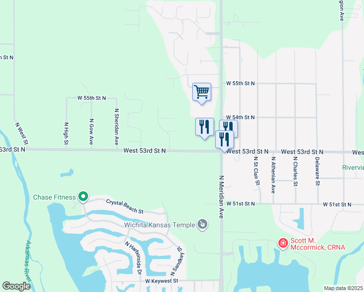 map of restaurants, bars, coffee shops, grocery stores, and more near 2894 West 53rd Street North in Wichita