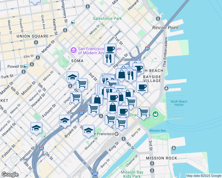 map of restaurants, bars, coffee shops, grocery stores, and more near 470 Bryant Street in San Francisco