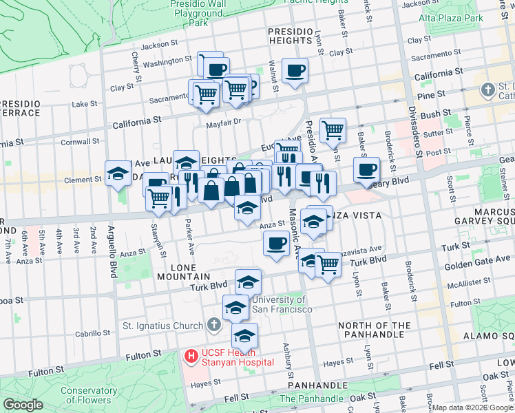 map of restaurants, bars, coffee shops, grocery stores, and more near 2807 Geary Boulevard in San Francisco
