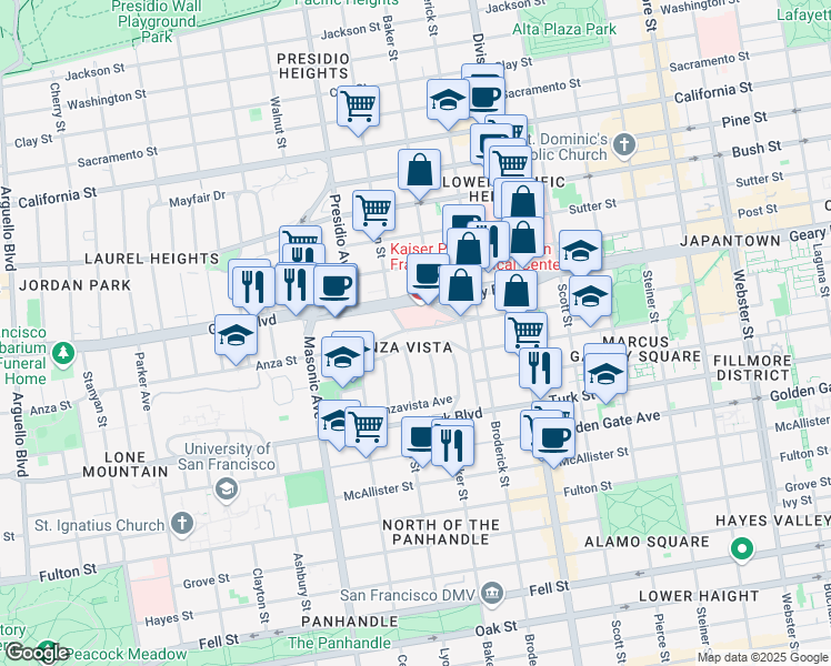 map of restaurants, bars, coffee shops, grocery stores, and more near 2375 O'Farrell Street in San Francisco