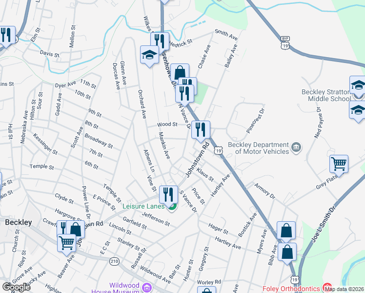 map of restaurants, bars, coffee shops, grocery stores, and more near 309 North Vance Drive in Beckley