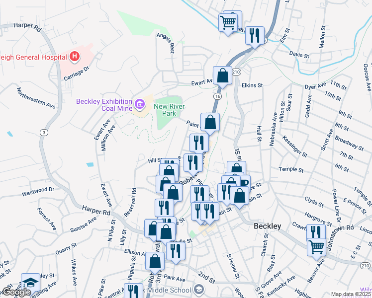map of restaurants, bars, coffee shops, grocery stores, and more near 103 Johnston Street in Beckley