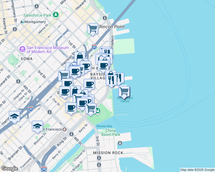 map of restaurants, bars, coffee shops, grocery stores, and more near The Embarcadero & Townsend St in San Francisco