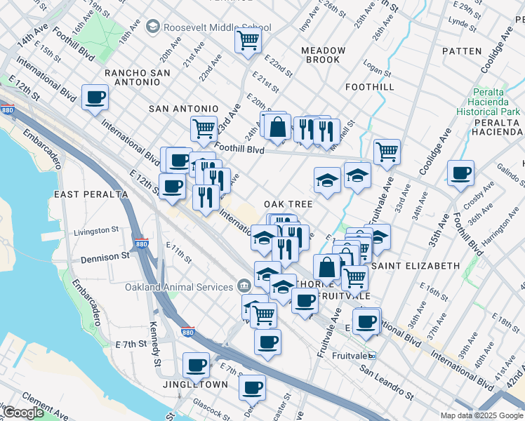 map of restaurants, bars, coffee shops, grocery stores, and more near 1507 27th Avenue in Oakland