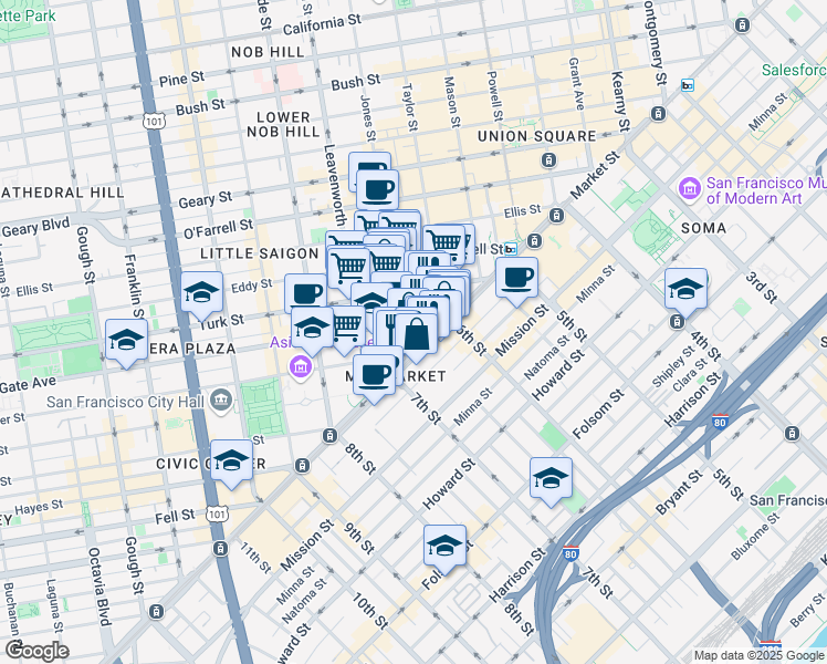map of restaurants, bars, coffee shops, grocery stores, and more near 99 Golden Gate Avenue in San Francisco
