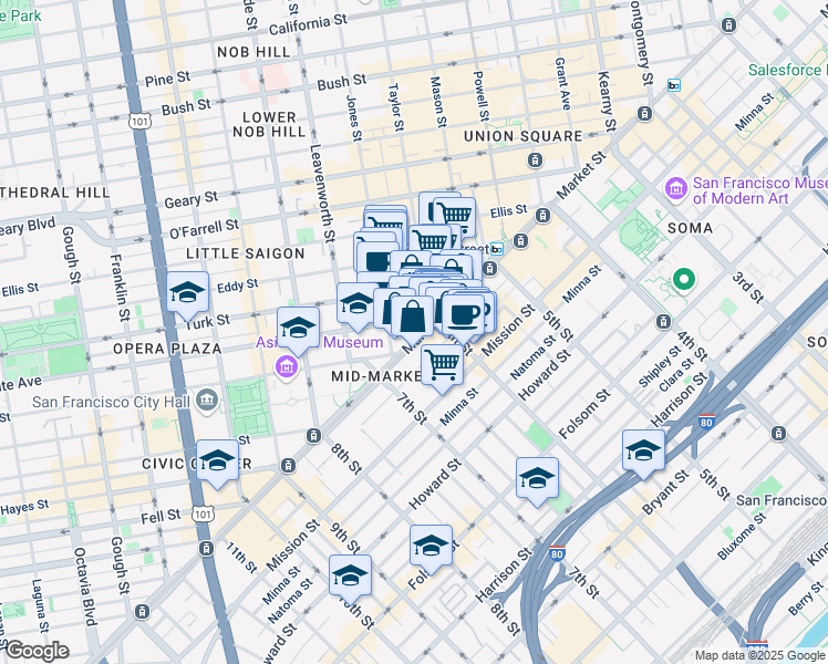 map of restaurants, bars, coffee shops, grocery stores, and more near 1028 Market Street in San Francisco