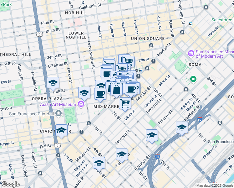 map of restaurants, bars, coffee shops, grocery stores, and more near 6 6th Street in San Francisco