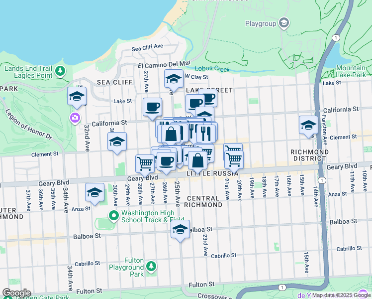 map of restaurants, bars, coffee shops, grocery stores, and more near 2301 Clement Street in San Francisco