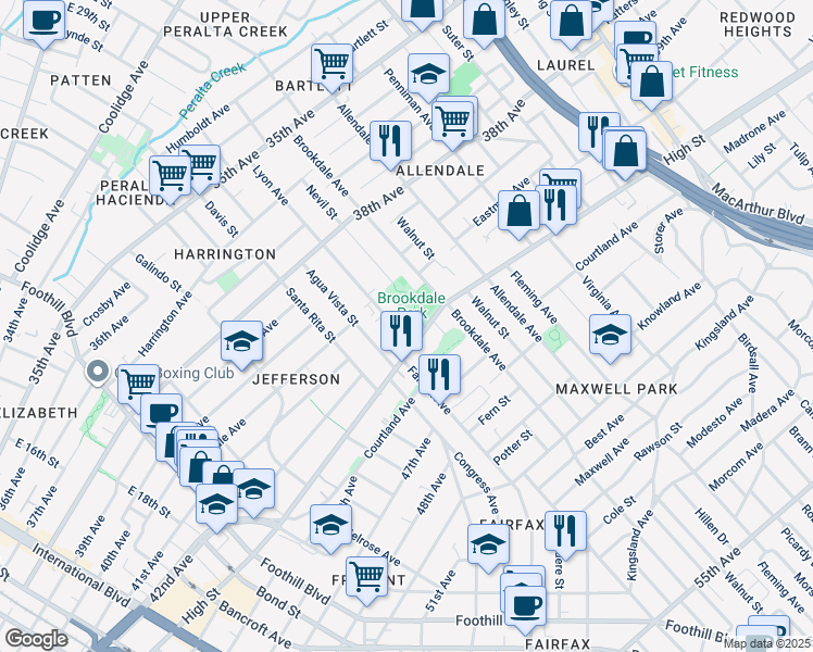 map of restaurants, bars, coffee shops, grocery stores, and more near 4124 Lyon Avenue in Oakland