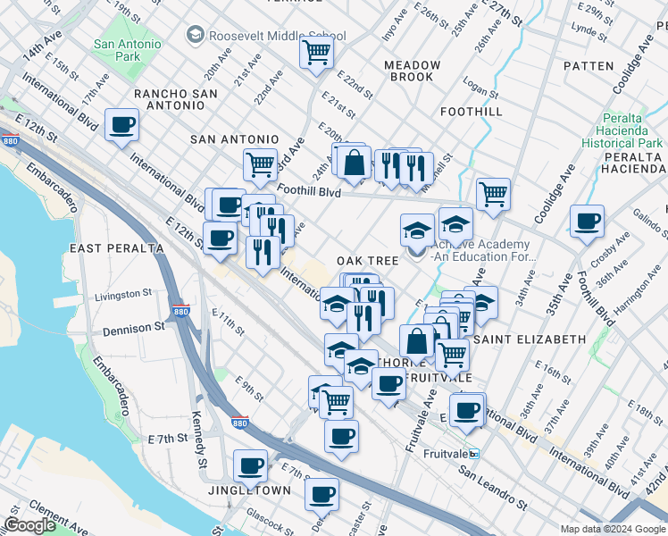 map of restaurants, bars, coffee shops, grocery stores, and more near 1507 27th Avenue in Oakland