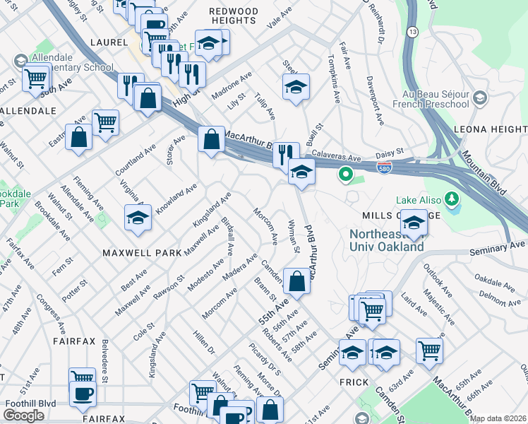map of restaurants, bars, coffee shops, grocery stores, and more near 3322 Morcom Avenue in Oakland