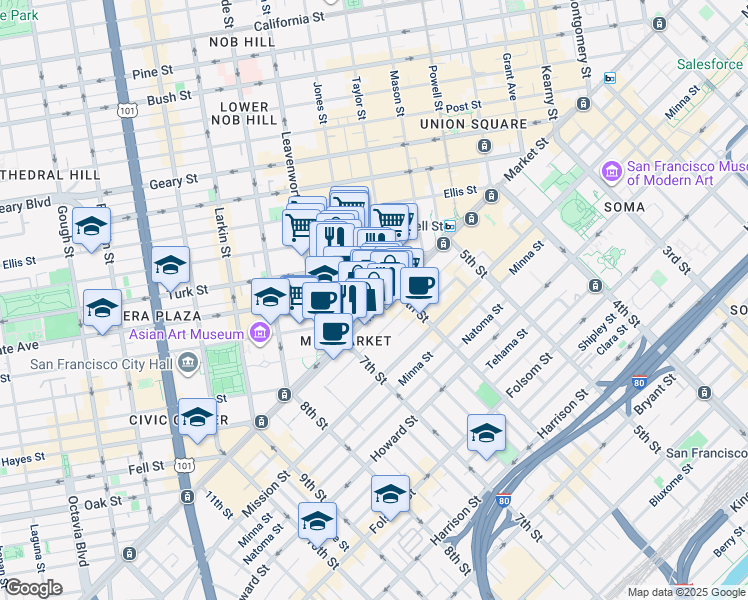 map of restaurants, bars, coffee shops, grocery stores, and more near 1028 Market Street in San Francisco