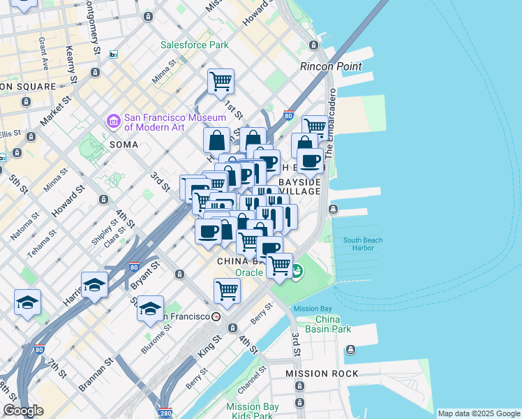 map of restaurants, bars, coffee shops, grocery stores, and more near Brannan St & 2nd St in San Francisco