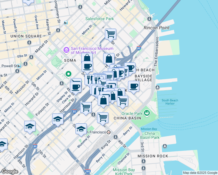 map of restaurants, bars, coffee shops, grocery stores, and more near 470 Bryant Street in San Francisco
