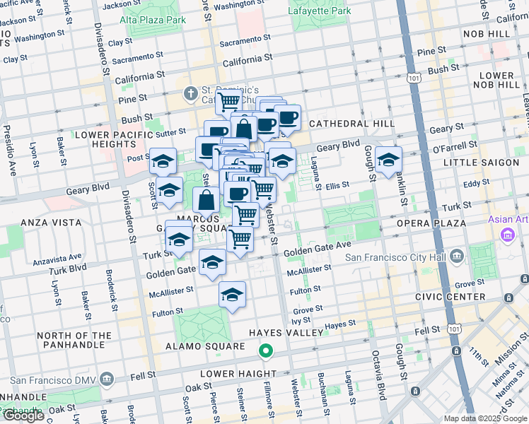 map of restaurants, bars, coffee shops, grocery stores, and more near 1205 Webster Street in San Francisco