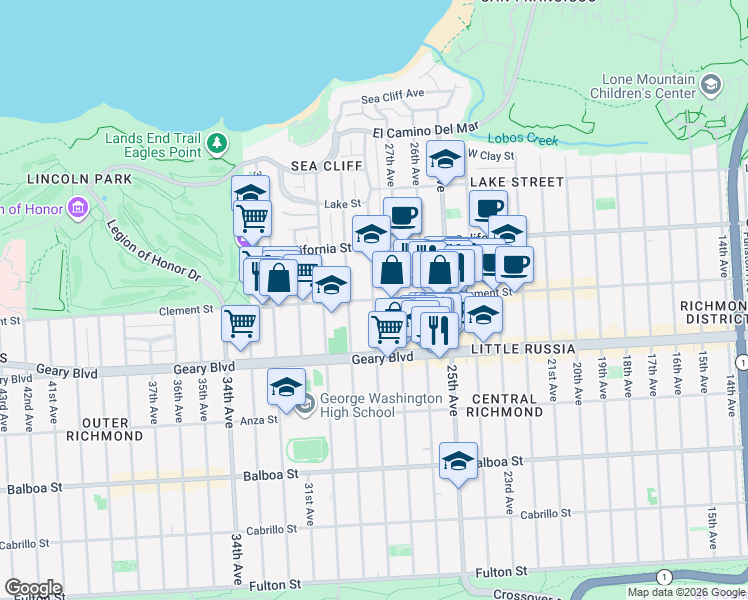 map of restaurants, bars, coffee shops, grocery stores, and more near 28th Avenue & Clement Street in San Francisco