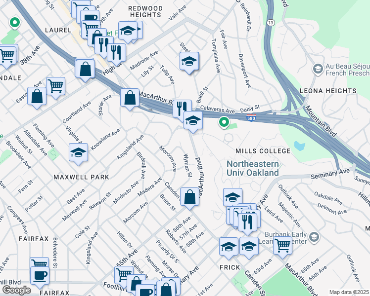 map of restaurants, bars, coffee shops, grocery stores, and more near 3412 Wyman Street in Oakland