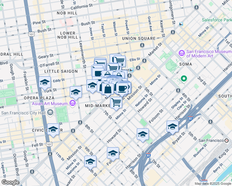 map of restaurants, bars, coffee shops, grocery stores, and more near 8 6th Street in San Francisco