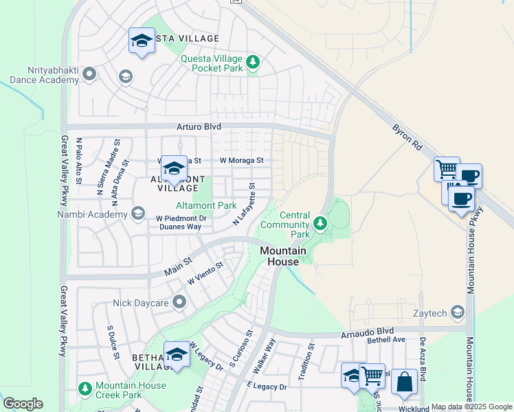 map of restaurants, bars, coffee shops, grocery stores, and more near 238 Lafayette Street in Mountain House