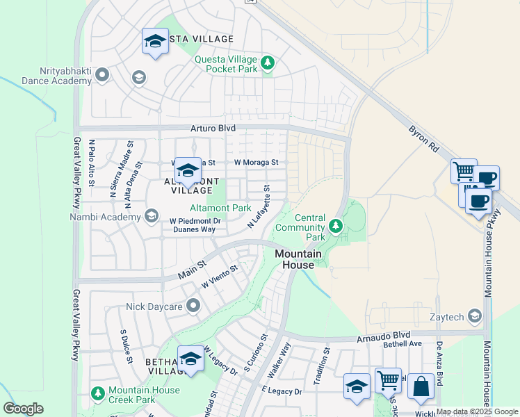 map of restaurants, bars, coffee shops, grocery stores, and more near 238 Lafayette Street in Mountain House