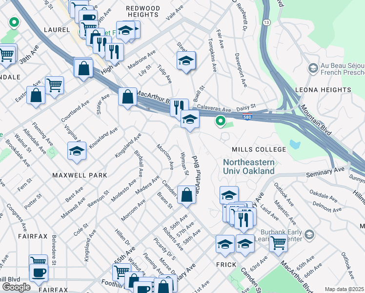 map of restaurants, bars, coffee shops, grocery stores, and more near 3412 Wyman Street in Oakland