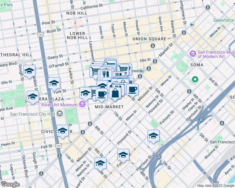map of restaurants, bars, coffee shops, grocery stores, and more near 1056 Market Street in San Francisco