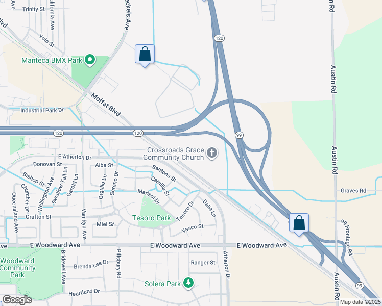 map of restaurants, bars, coffee shops, grocery stores, and more near 1433 Moffat Boulevard in Manteca