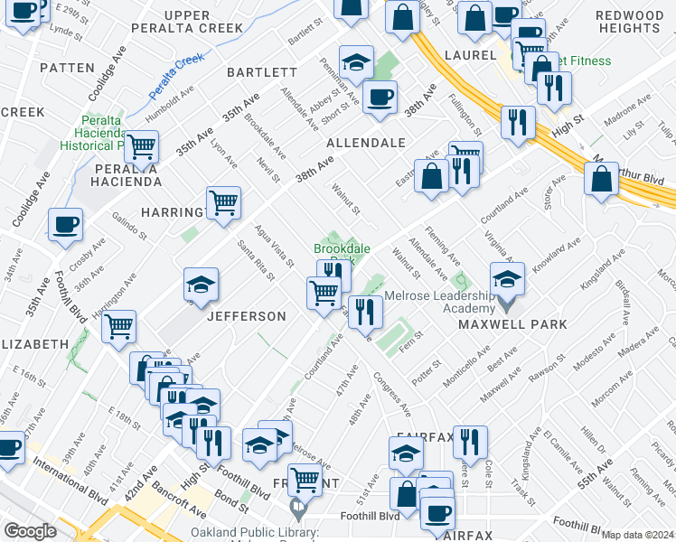 map of restaurants, bars, coffee shops, grocery stores, and more near 4124 Lyon Avenue in Oakland