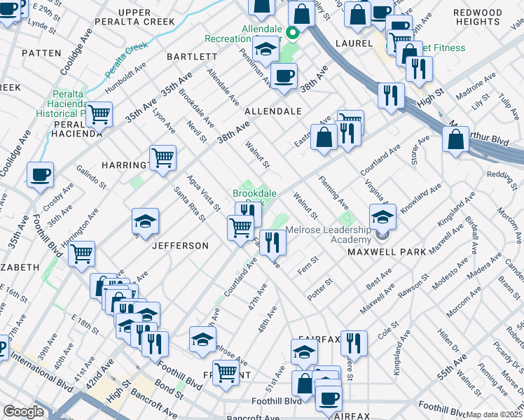 map of restaurants, bars, coffee shops, grocery stores, and more near 2533 High Street in Oakland