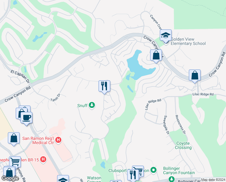 map of restaurants, bars, coffee shops, grocery stores, and more near 712 Lakemont Place in San Ramon