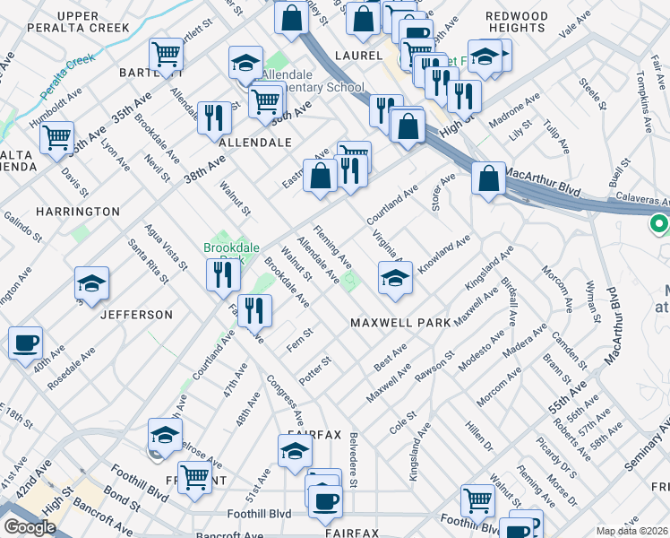 map of restaurants, bars, coffee shops, grocery stores, and more near 4421 Fleming Avenue in Oakland