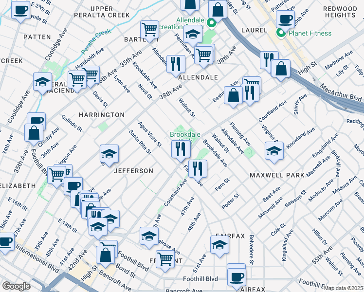 map of restaurants, bars, coffee shops, grocery stores, and more near 4085 Lyon Avenue in Oakland