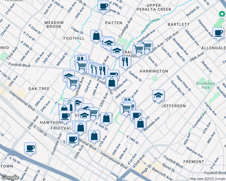 map of restaurants, bars, coffee shops, grocery stores, and more near 3518 Crosby Avenue in Oakland