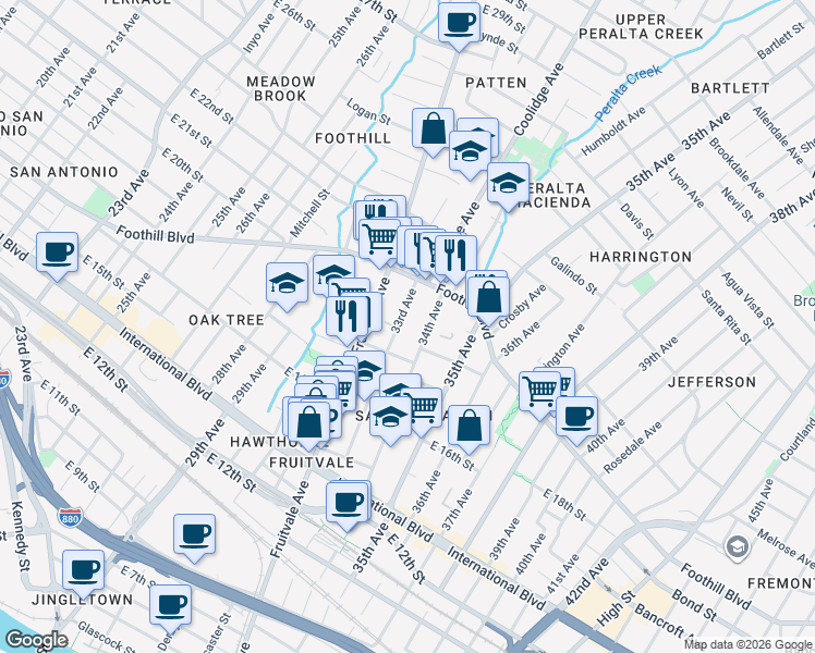 map of restaurants, bars, coffee shops, grocery stores, and more near 1831 34th Avenue in Oakland