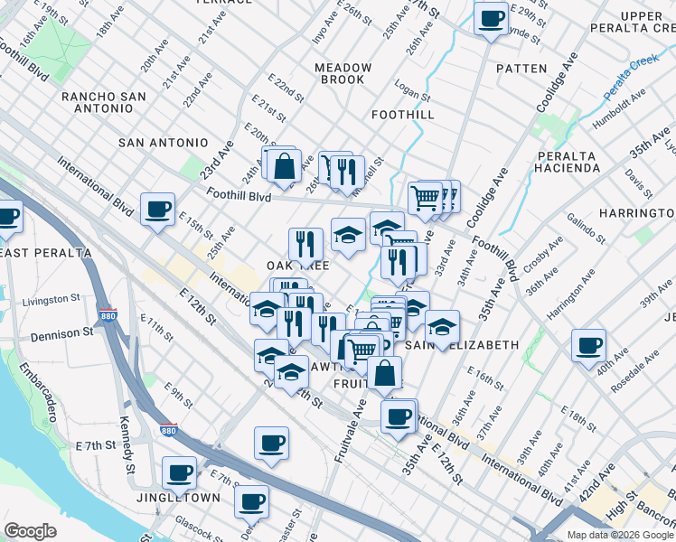map of restaurants, bars, coffee shops, grocery stores, and more near 1642 28th Avenue in Oakland