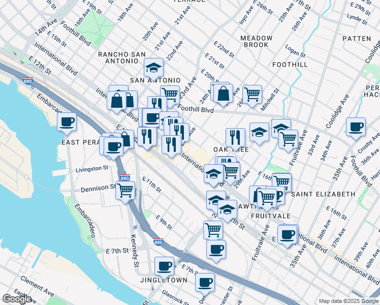 map of restaurants, bars, coffee shops, grocery stores, and more near 2555 East 15th Street in Oakland