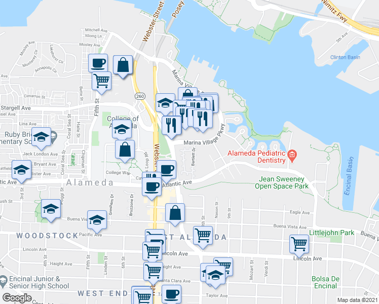 map of restaurants, bars, coffee shops, grocery stores, and more near 3 Rowe Court in Alameda