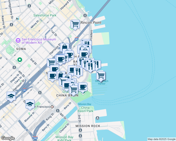 map of restaurants, bars, coffee shops, grocery stores, and more near 2 Townsend Street in San Francisco