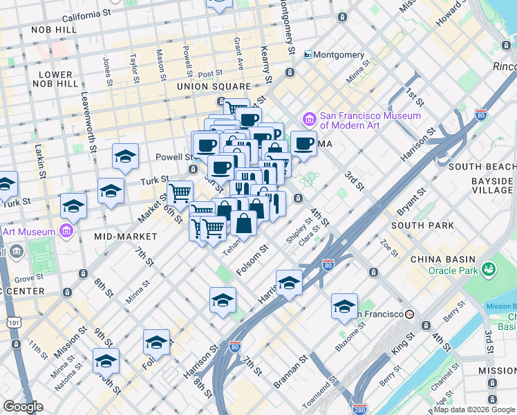 map of restaurants, bars, coffee shops, grocery stores, and more near in San Francisco