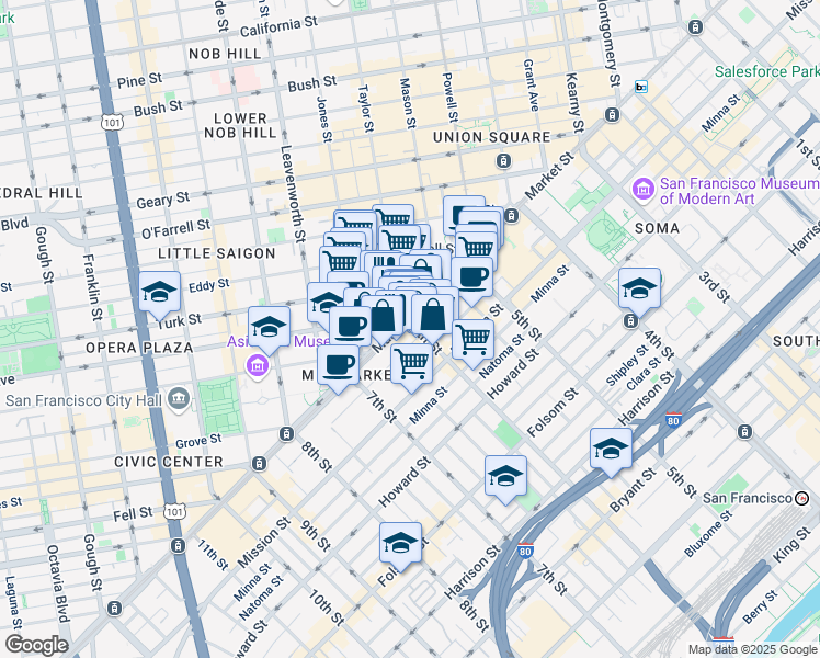 map of restaurants, bars, coffee shops, grocery stores, and more near 6 6th Street in San Francisco