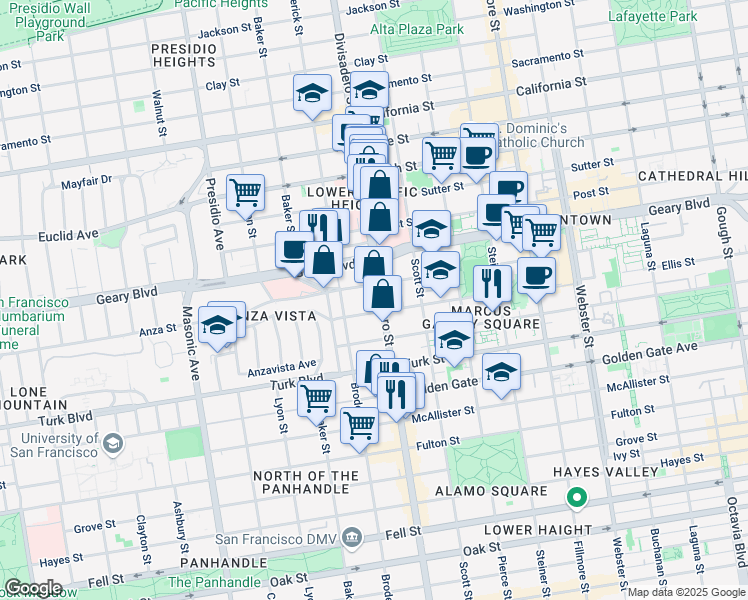 map of restaurants, bars, coffee shops, grocery stores, and more near 1320 Divisadero Street in San Francisco