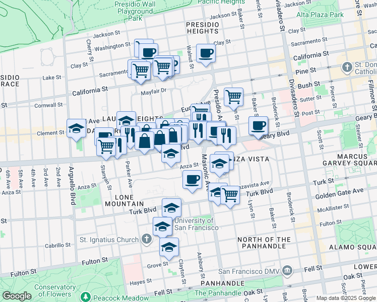 map of restaurants, bars, coffee shops, grocery stores, and more near 2807 Geary Boulevard in San Francisco