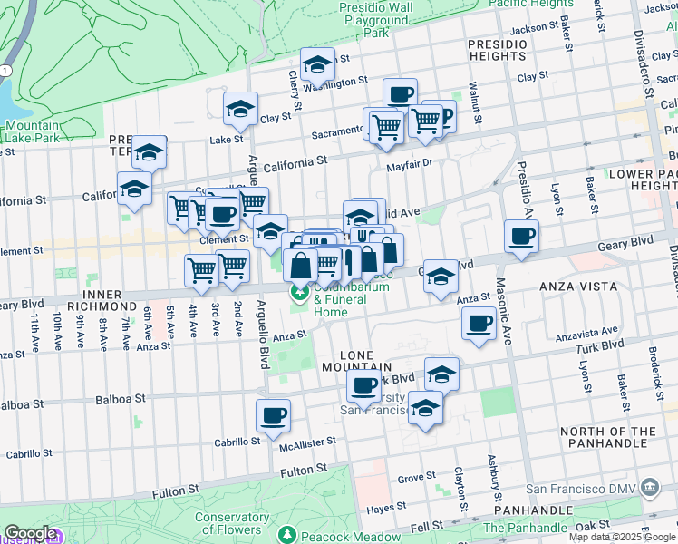 map of restaurants, bars, coffee shops, grocery stores, and more near 182a Commonwealth Avenue in San Francisco