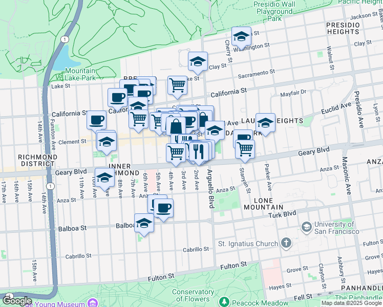 map of restaurants, bars, coffee shops, grocery stores, and more near 3732 Geary Boulevard in San Francisco