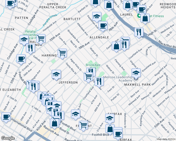 map of restaurants, bars, coffee shops, grocery stores, and more near 4085 Lyon Avenue in Oakland