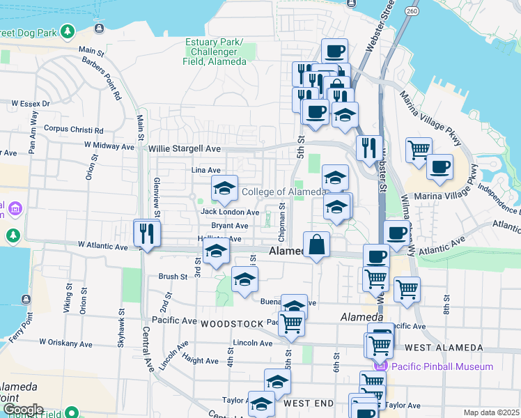 map of restaurants, bars, coffee shops, grocery stores, and more near 2248 Coral Sea Street in Alameda
