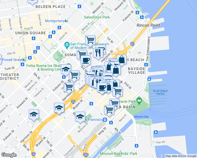 map of restaurants, bars, coffee shops, grocery stores, and more near 89 Stillman Street in San Francisco