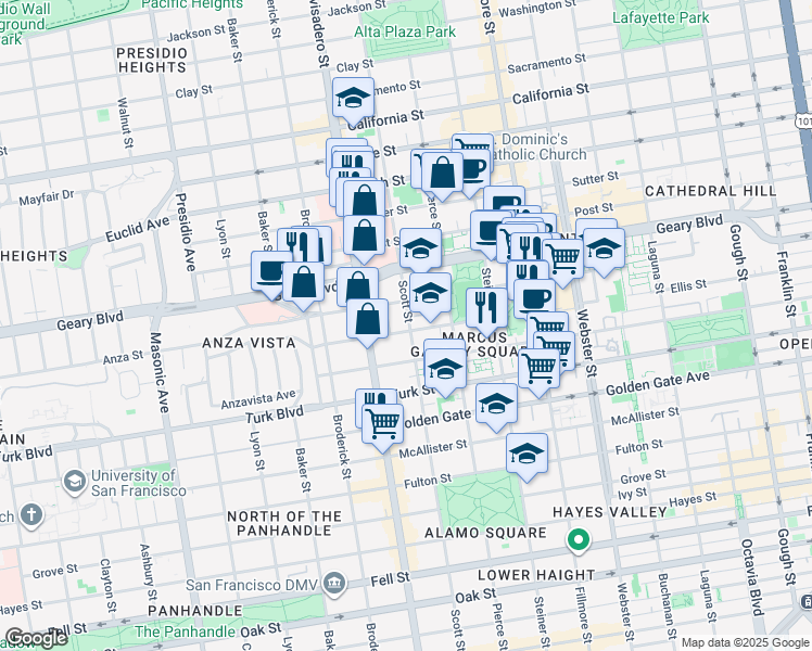 map of restaurants, bars, coffee shops, grocery stores, and more near 1303 Scott Street in San Francisco