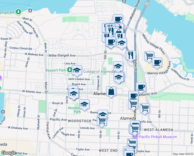map of restaurants, bars, coffee shops, grocery stores, and more near 3 Pickrell Square in Alameda